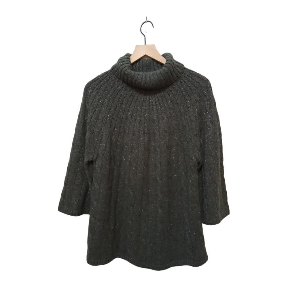 Alfani Olive Shimmer A-Line Relaxed Cable Knit Turtleneck Sweater Sz L